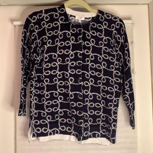 Crown & Ivy Nautical Black White Rope Cardigan Button Down Sweater Medium - Picture 1 of 4